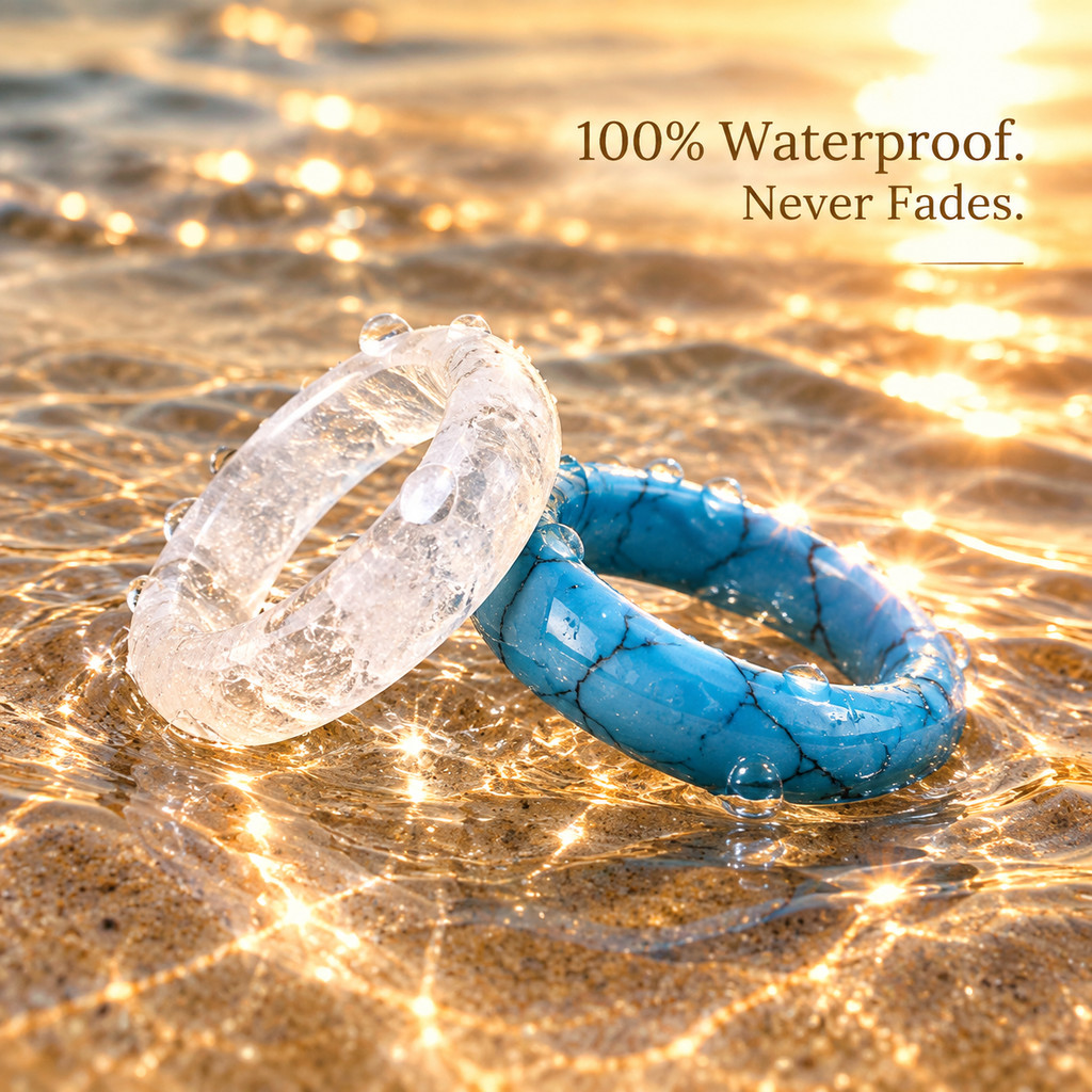 2pcs White Crystal & Deep Blue Turquoise Natural Stone Ring Band Set