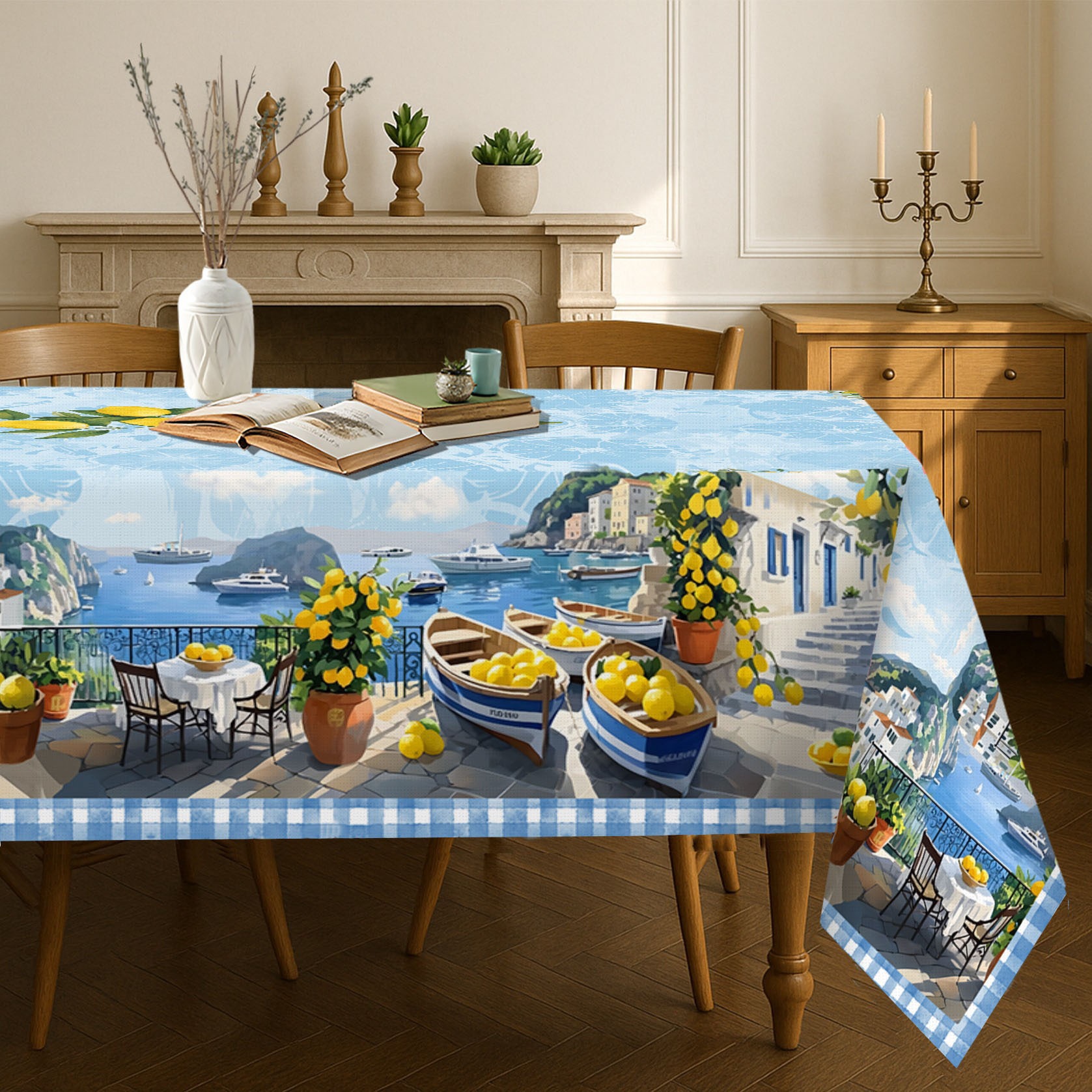 TEMU A Mediterranean Lemon And Greek Island Style Tablecloth Featuring A Blue And White Checkered Pattern With Lemon Trees, Greek Keys, And Designs.