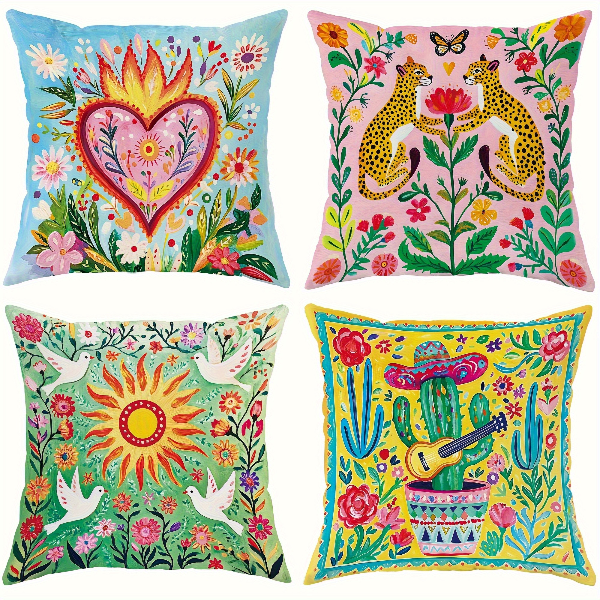 TEMU 4 housses de coussin imprimées style bohème mexicain, floraux passionnés de cactus, léopard et soleil, douces et confortables, cadeau pour , et