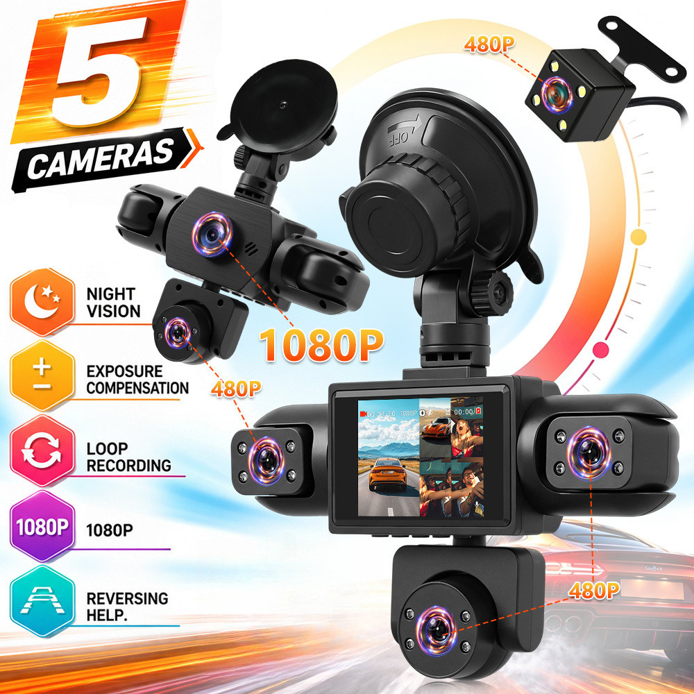 Image of 2'' Dashcam 360 Degree View 5 Channel Dash Cam For Cars, Front And Rear Inside , With Night Vision, Loop Recording, Reverse View, 64gb Tf Card, Without Battery