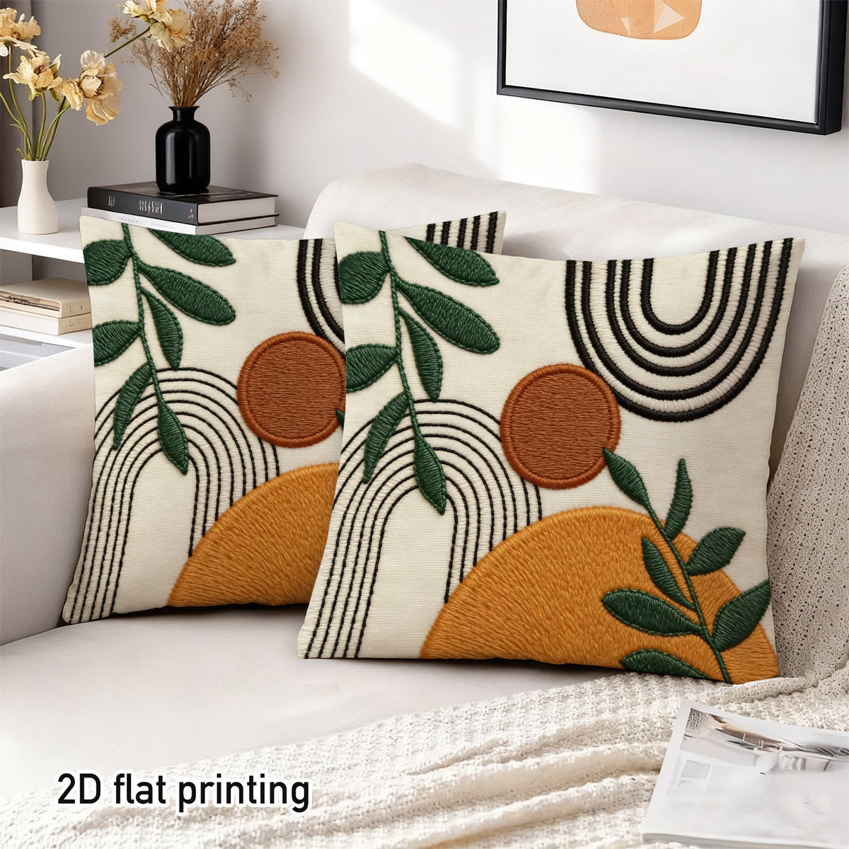 TEMU 2 Housses de coussin 2D plates, style bohème avec , artistiques et feuilles, duplex, abstraites avec feuillage vert, parfaites pour un coin de