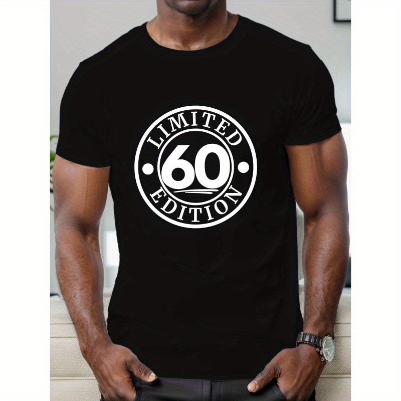 

T-shirt de fête d'anniversaire pour hommes, col rond décontracté, motif géométrique, coupe régulière, tissu tricoté, 100% polyester, légèrement extensible, haut d'été, 150gsm - Noir