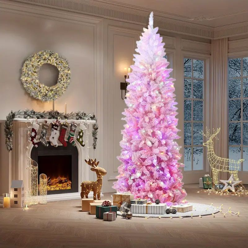 6ft Pink Gradient Flocked With White & Pink Flocked Branches - European Style Plastic Christmas Tree, Easy Assembly, No / Topper, Modern Holiday Decor For Or Office