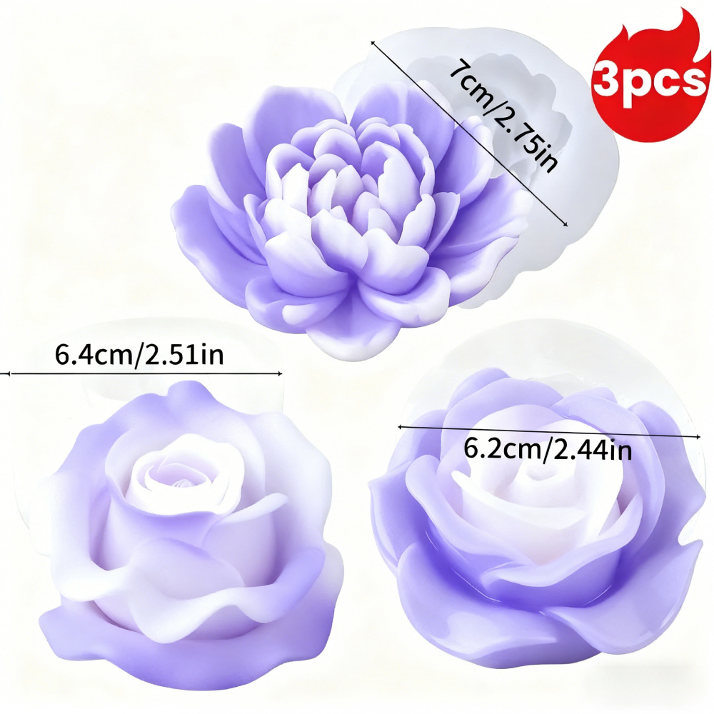 E-shop Harz Silikonform 3er Set 3D Kerzen Silikonformen - Liebe Rose Blume, Pfingstrose, Rosenbouquet Herstellung Ästhetische Wohnkultur | Wohnkultur |