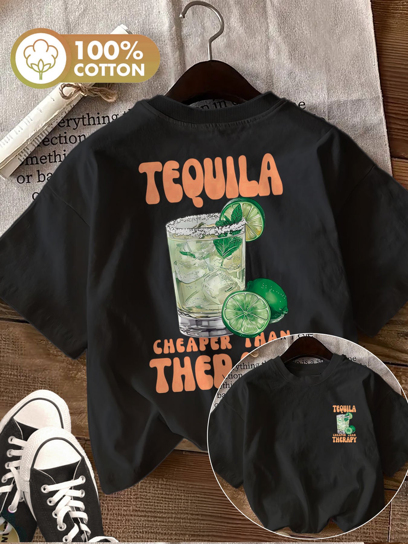 품목 사진 앞뒤 양면 프린트 봄/여름 여성용 상의, 상쾌한 여름 스타일, tequila cheaper than relax 라임 데킬라 프린트, 순수하고 패셔너블한 캐주얼 반팔 크루넥, 편안하고 통기성 좋은 여성용 티셔츠, xingk