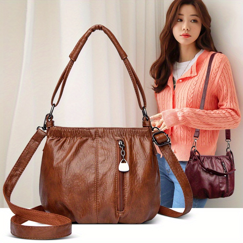 Women's -like Crossbody Bag - Convertible Shoulder Purse with Zipper Closure, Adjustable Strap, Structured Tote for Work, Everyday & Formal Events - Available in Brown, Red, Black - Elegant Women's Handbag, Crossbody Purse, Sleek Texture, Textured Finish