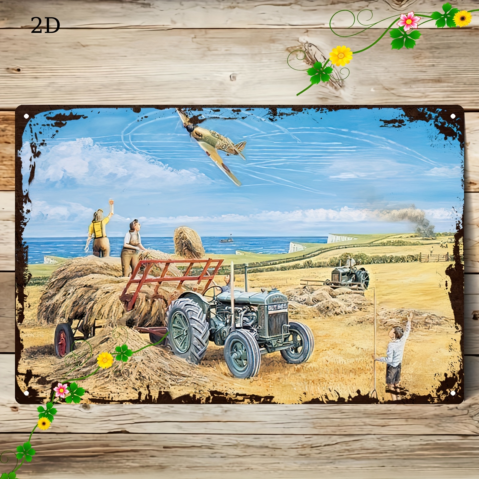 TEMU 2d Flat - 2d Artwork Featuring A Vintage Farm And Metal Wall Decor - A Agricultural Scene With A Tractor, Farmer, And - A Heavy Farmhouse Sign,