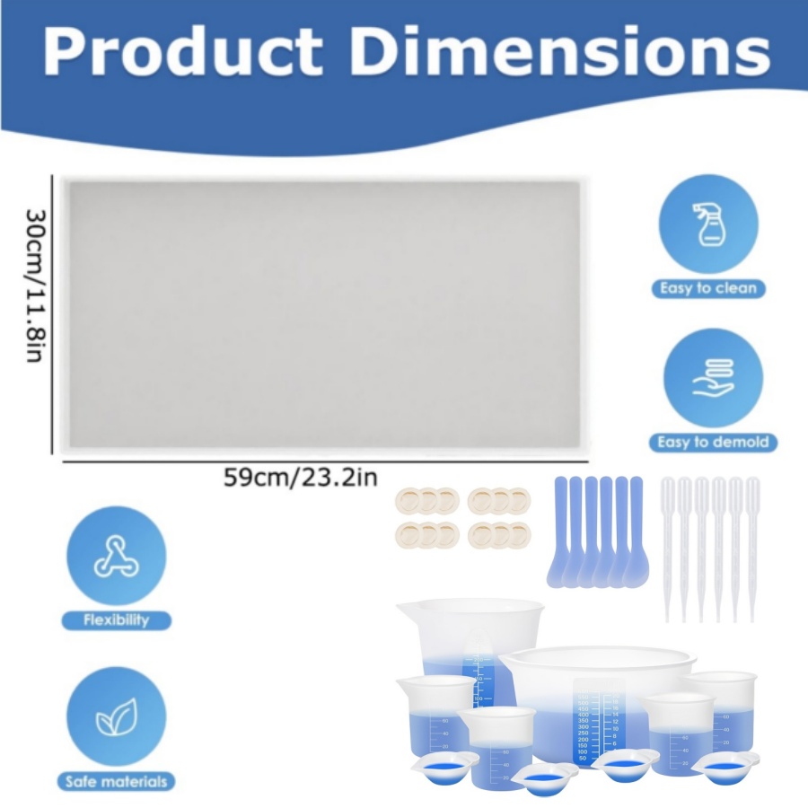 Large Rectangle Silicone Resin Mold With Measuring Cups And Mixing Tools, Complete Resin Craft Kit For Epoxy Coffee Table, Resin Tabletop And Home Decor Casting Projects