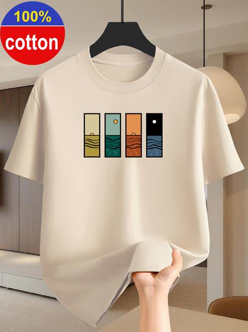 100 cotton mens summer short sleeved t shirt nostalgic sunrise and waves striped print pattern fashionable and simple pattern top comfortable and breathable pure cotton fabric essential for outdoor sports and