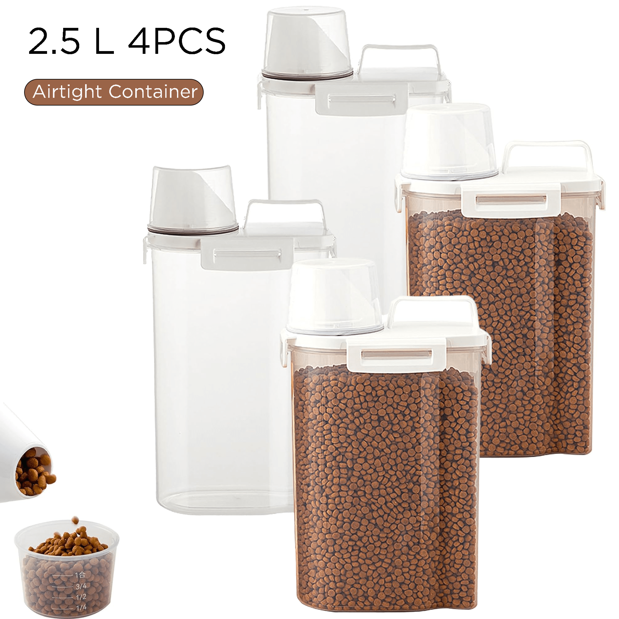 Image of 4 Pack 2.5l Airtight Pet Food Storage Containers With Measuring Cup, Pet Food Storage Container With Large Nozzle Design, Pet Dog/cat Food Dispenser With Handle & Double Layer, Dishwasher Safe