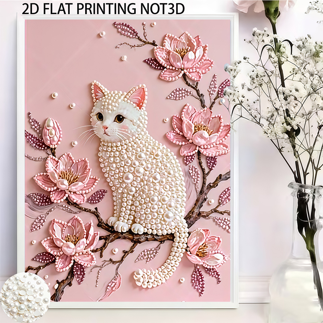 Image of Painting, Featuring Pearl Cat And Pink | 5d Pearl Painting Kit Suitable For Home Wall Decoration Art, Ideal For Holiday Gifts, Helping Stress And Convey Warm , Perfect Handmade Gift | Frameless