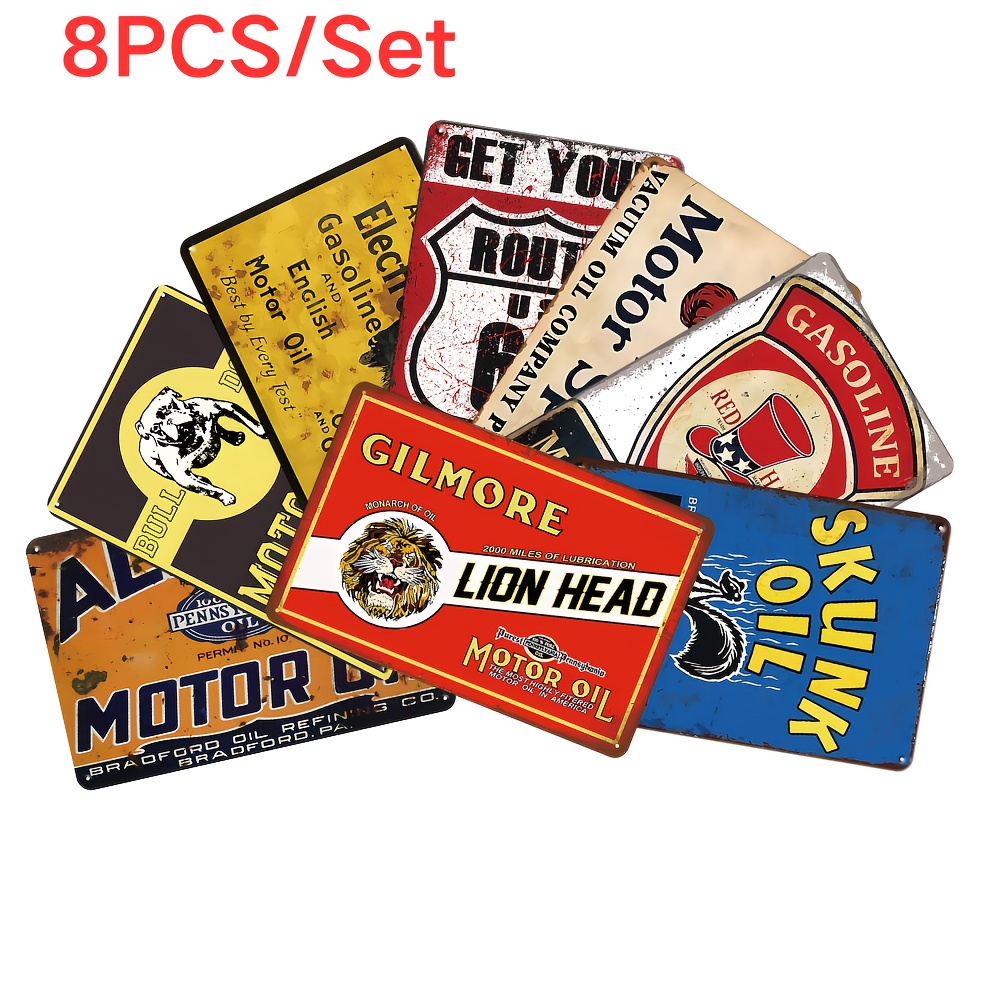 TEMU 2d Flat, 8pcs Vintage Motor Oil Themed Metal Signs - Retro Wall Suitable For Man Cave, Workshop, Bar & Auto Shop Decor - Signs With Oil Logos