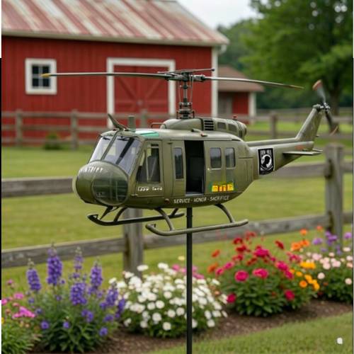 Helicopter Wind Spinner, Memorial Kinetic Garden Stake, Metal Aircraft Windmill Decor, Outdoor Yard Art, Commemorative Sculpture for Lawn, Patio, Backyard, Perfect Gift for Enthusiasts(2D Assembly Style)