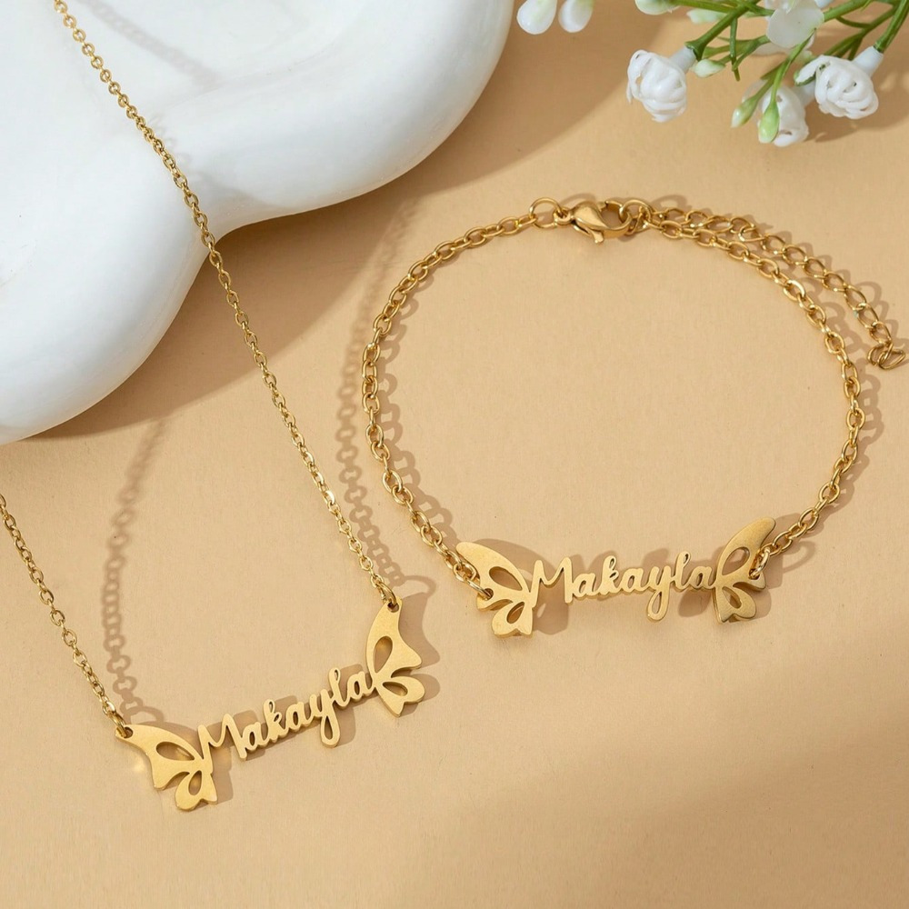 TEMU Custom Bracelet Necklace Set, Personalized Jewelry Set With Custom Name Necklace And Bracelet, Initial Engraved Family Jewelry For Christmas,