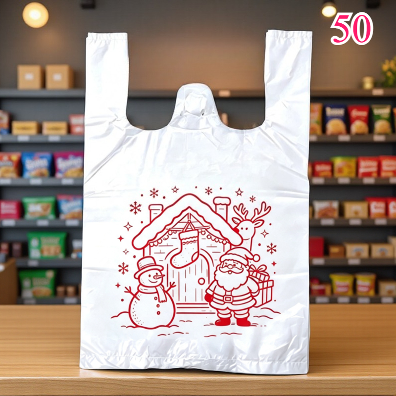 TEMU 50 Stück Weihnachtsmann Kombinationsmuster Weste Einkaufstaschen, Einweg Takeout Verpackungsbeutel, Kleine Kaufhaus Geschenkshop Lebensmittel