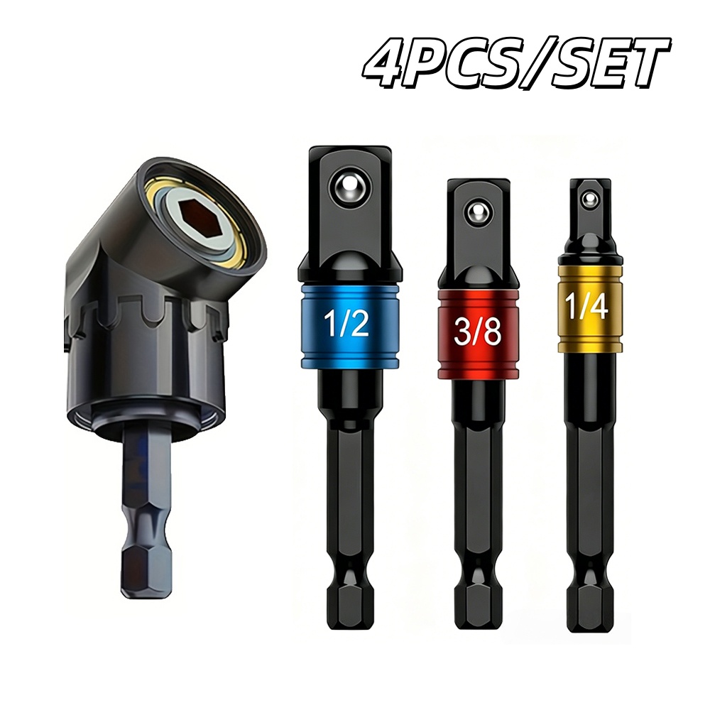 TEMU 4pcs Impact Drill Bit Extension, 105° Right Angle Drill Adaptor, 360° Rotatable 1/4' 3/8' 1/2' Impact Grade Socket Adapter Set, 1/4' Hex Shank