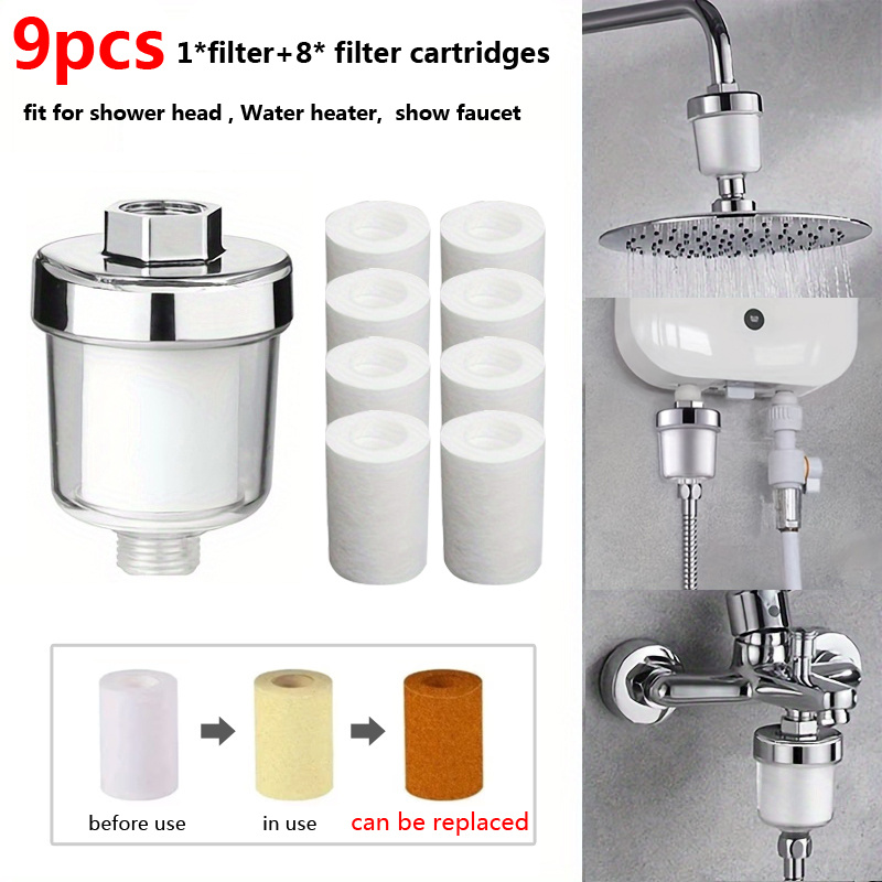 TEMU 9pcs (1pc Filter And 8pcs Filter Elements) Pre-shower Filter, Showerhead Filter For Hard Water, Universal Showerhead Water Filter For Shower,