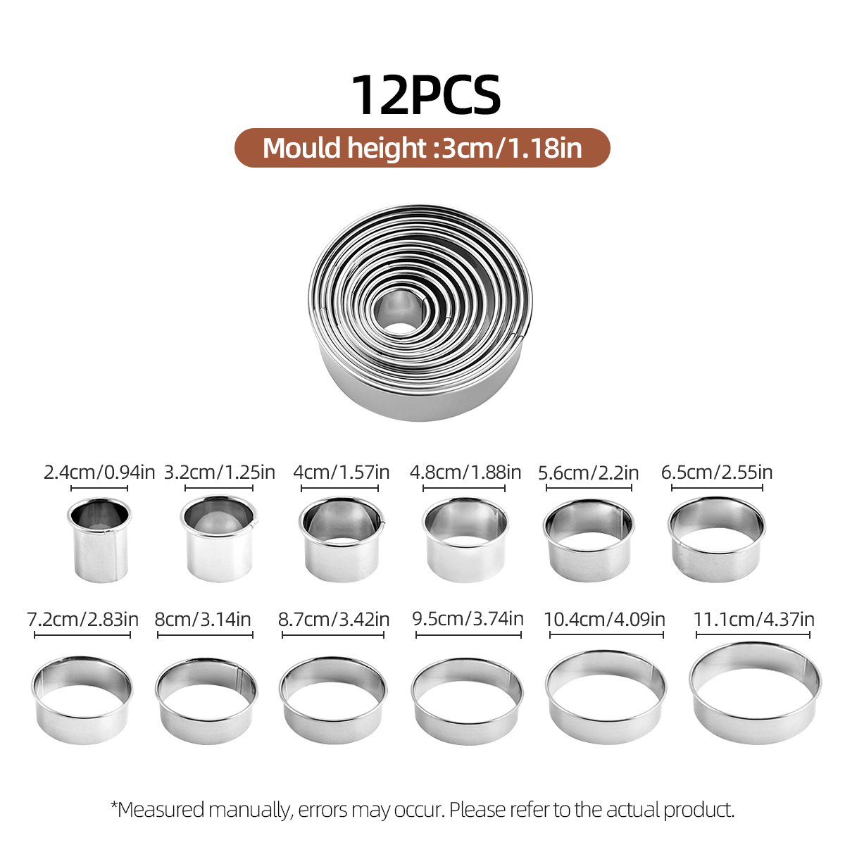 TEMU Vfvhome 12pcs Round Stainless Steel Mousse Ring Cutters, Round Cutter Set, Round Dough Cutter, Cuttable For /fondant/dumpling Wrappers/cake