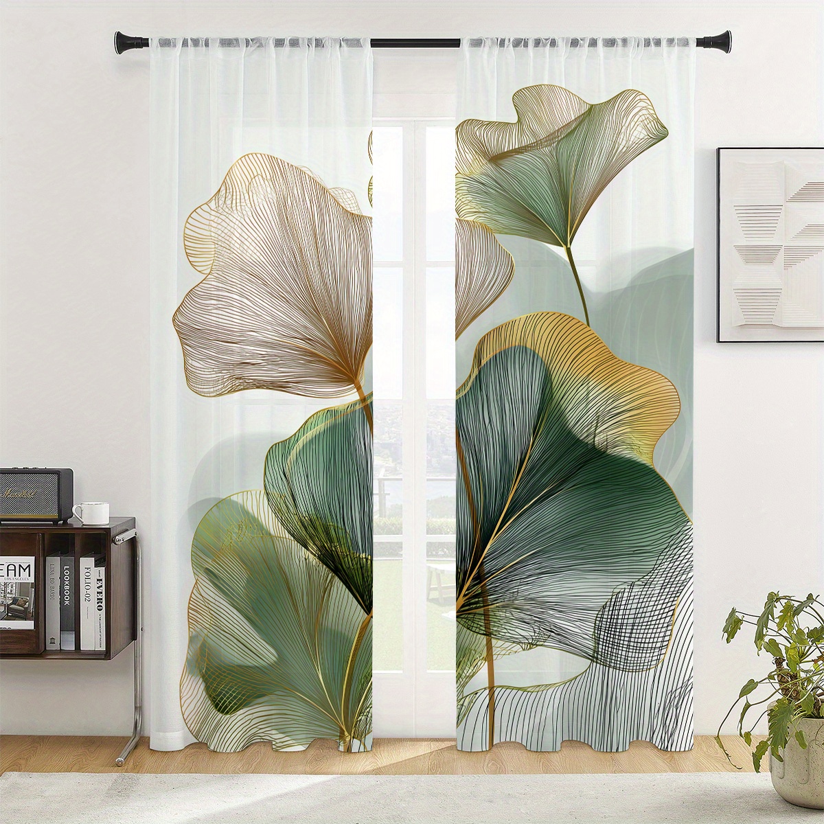 TEMU 2pcs Semi-sheer Curtains With Artistic Floral Print - 100% Polyester Chiffon, Rod Pocket, Machine Washable, Lightweight & Breathable For Living