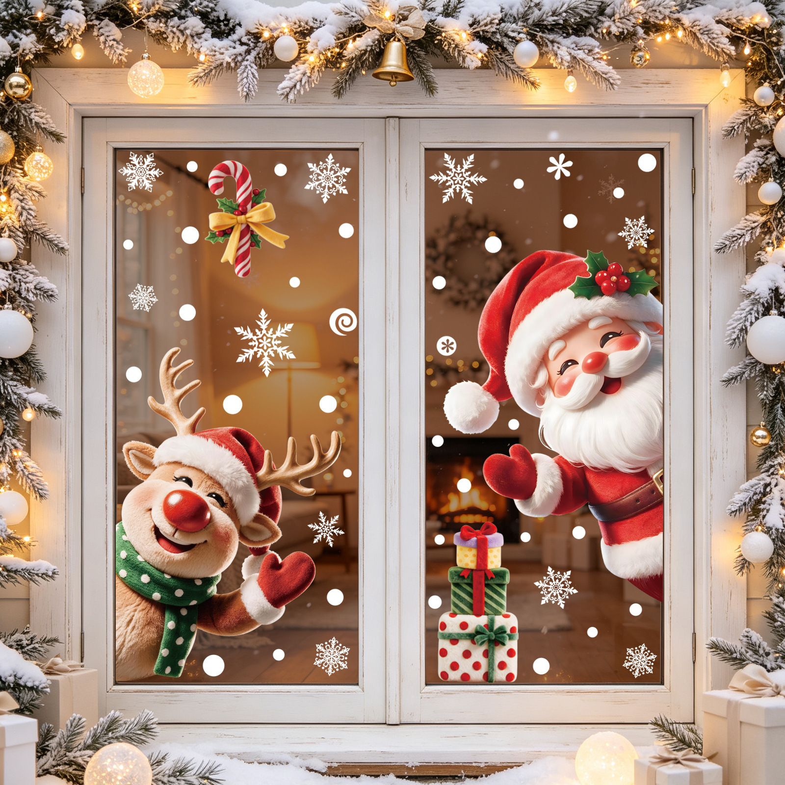 TEMU 2 Sheets Cute Deer Santa Christmas Decorative Stickers- Static Adhesive Non-gel Glass Stickers For Store Windows And Glass Decorations