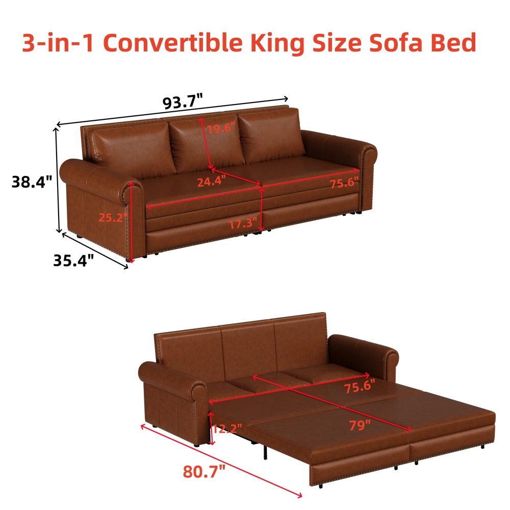 93.7' Bohemian Chesterfield Sofa Bed: 3-in-1 Convertible Sleeper with Faux Leather Upholstery, Nailhead Trim & Rolled Arms, Light Brown Pull-Out Couch Suitable for Small Spaces, Apartments, Dorms, Guest Rooms - Assembly Required