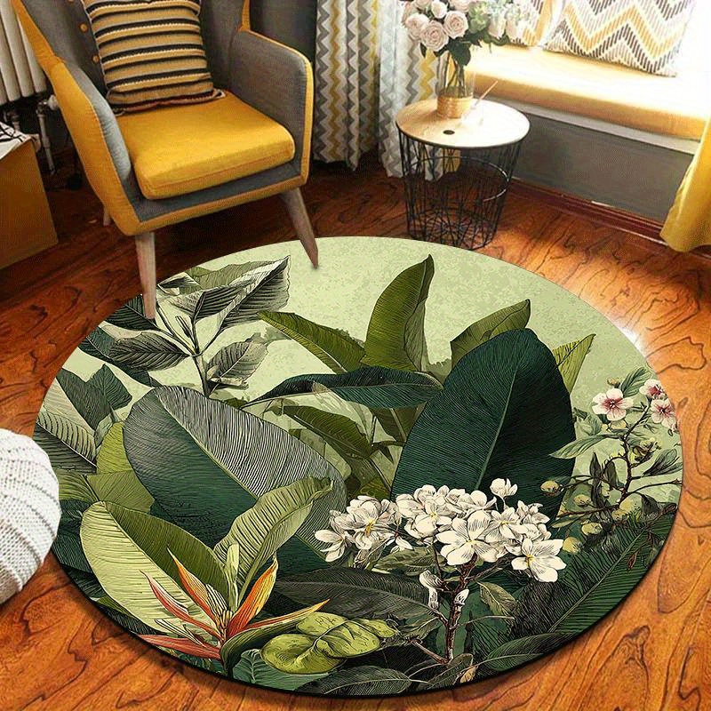 TEMU 2d Flat 1pc Tropical Botanical Round Floor Mat, Lightweight Nonslip Machine Washable, Home Decoration. A And Luxurious Vibe, Suitable For Living