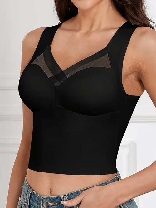 esselegance womens wire free backless bra seamless neck vest style daily bra with fixed cup non detachable padding soft medium stretch mesh cross patch front panel suitable for gym training parties casual wear spring summer