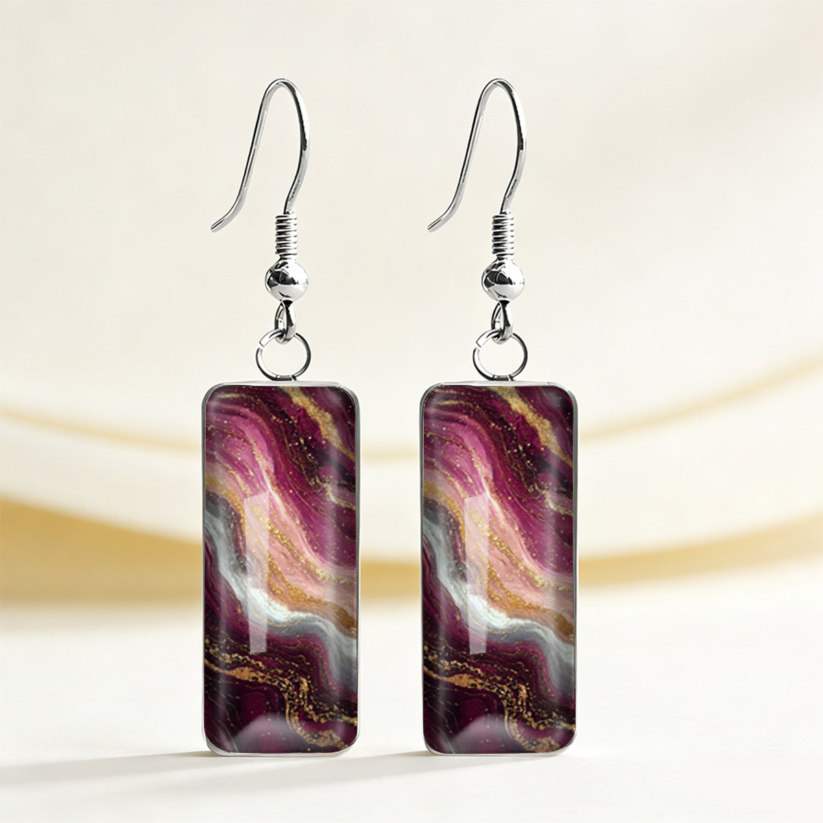 TEMU 1 Pair Of Light Luxury Deep Wine Red Gradient Texture Print Rectangular Earrings, Versatile Commuter Light Luxury Ear Accessories For Men And