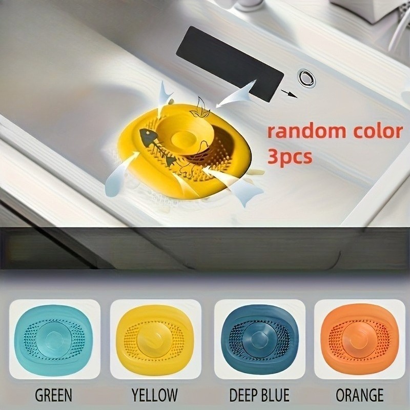 Image of 3pcs Drain Set - Bathroom Additions, With Hair Trap, Tub Stopper, Sink Filter And Filter - Drain, Faucet, Shower, Home And Garden Additions, (random Color, Green, Yellow, Dark Blue, Orange)