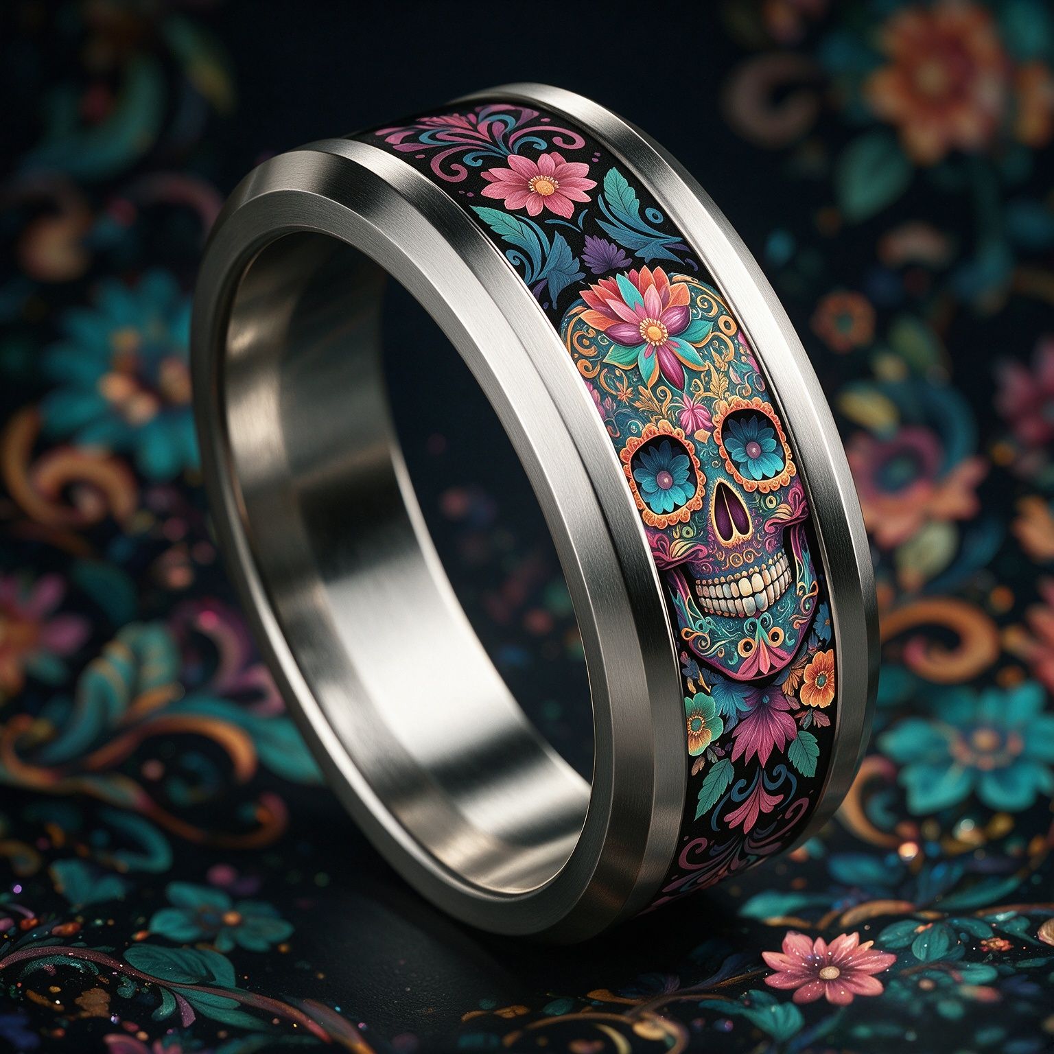 Black Base Multicolor Floral Sugar Skull Print Stainless Steel Ring
