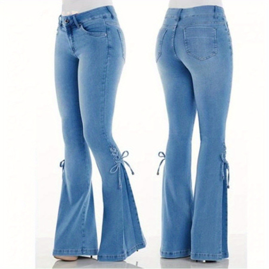 

Women's High-waist Flare Jeans - Slim Fit, Casual Streetwear Denim In Light Blue With Stretch, Machine Washable, Plus Size Jeans