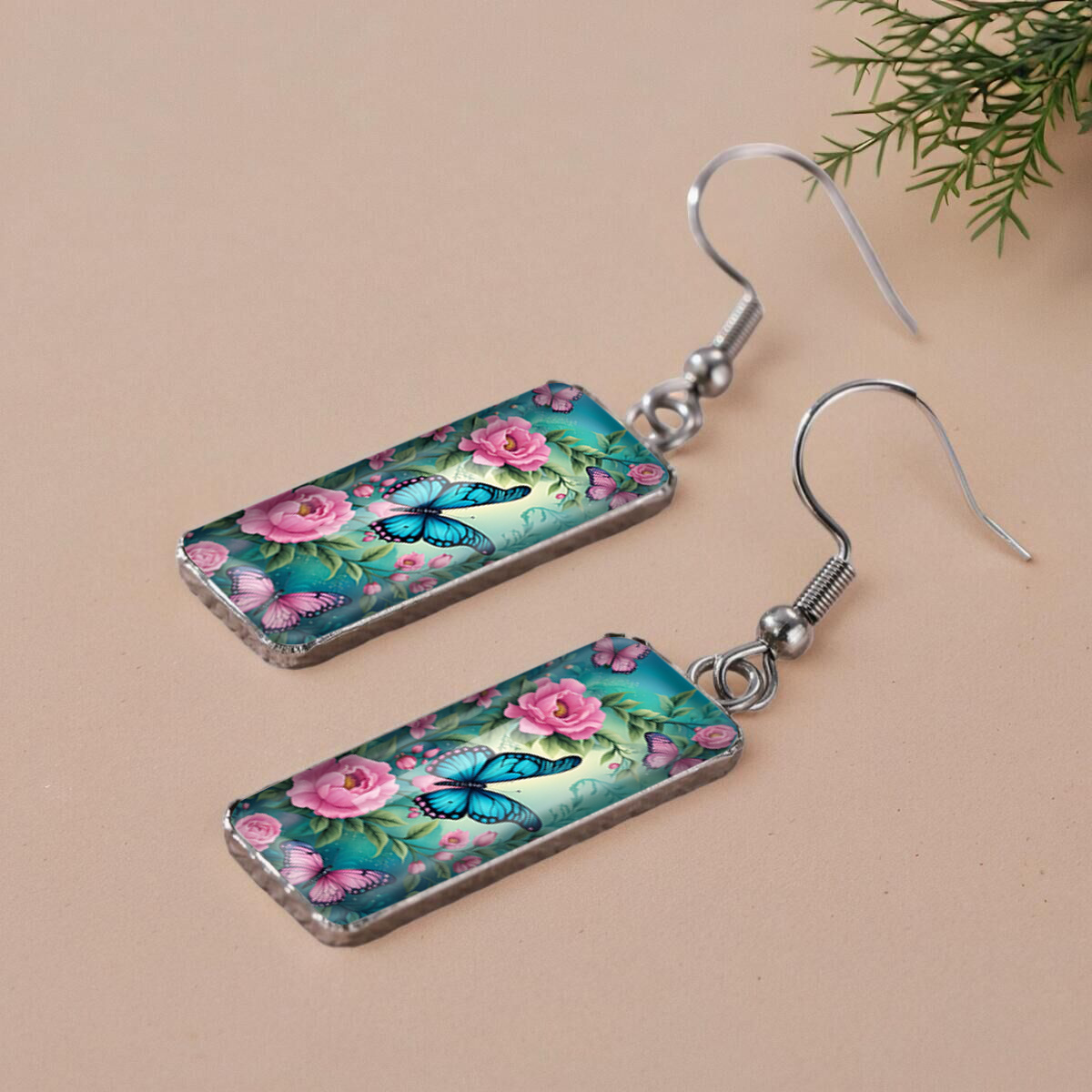 Blue Butterfly & Pink Peonies Picture Rectangular Fish Hook Earrings