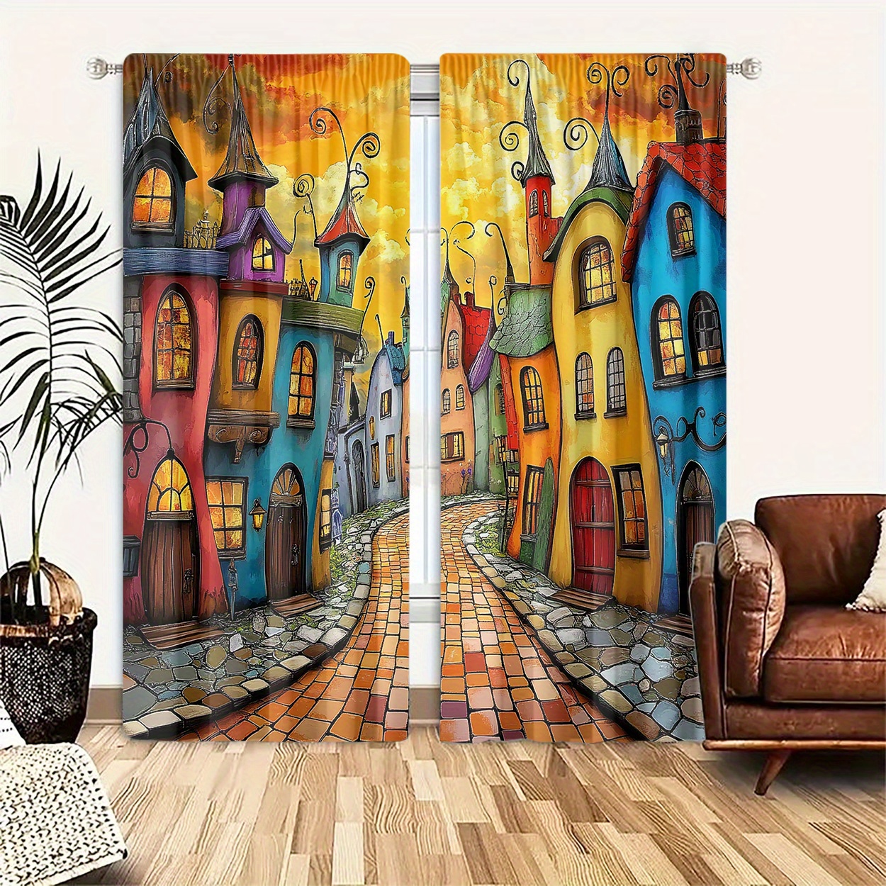 2pcs made of polyester with high definition house pattern printing light filtering curtains suitable for bedroom living room office and home decoration rod suitable for rods