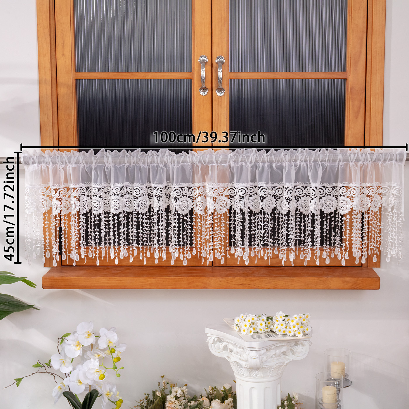 Image of 1pc Of Short Kitchen Curtain, 100 × 45cm, Tulle Polyester Coffee Curtain, Embroidered Lace, For Curtain Rod Or Clip Hanging, Small Curtain, Suitable For Kitchen Sink Window