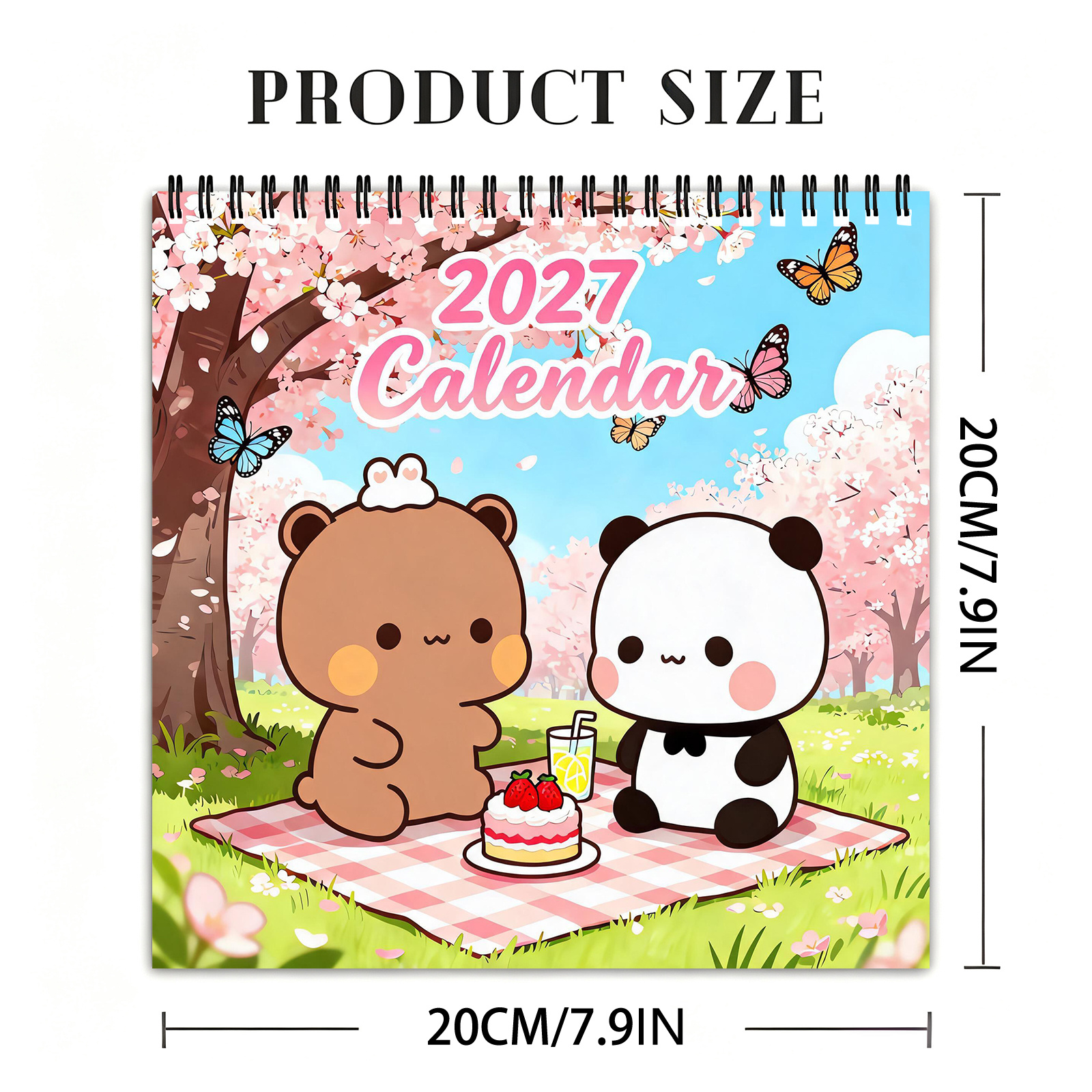 TEMU 2027 Cute Dudu Panda Bear Couple Calendar, 12 Months Jan-dec 2027 High Quality Spiral Binding, Sweet Cartoon Daily Scenes Cherry Picnic Theme,