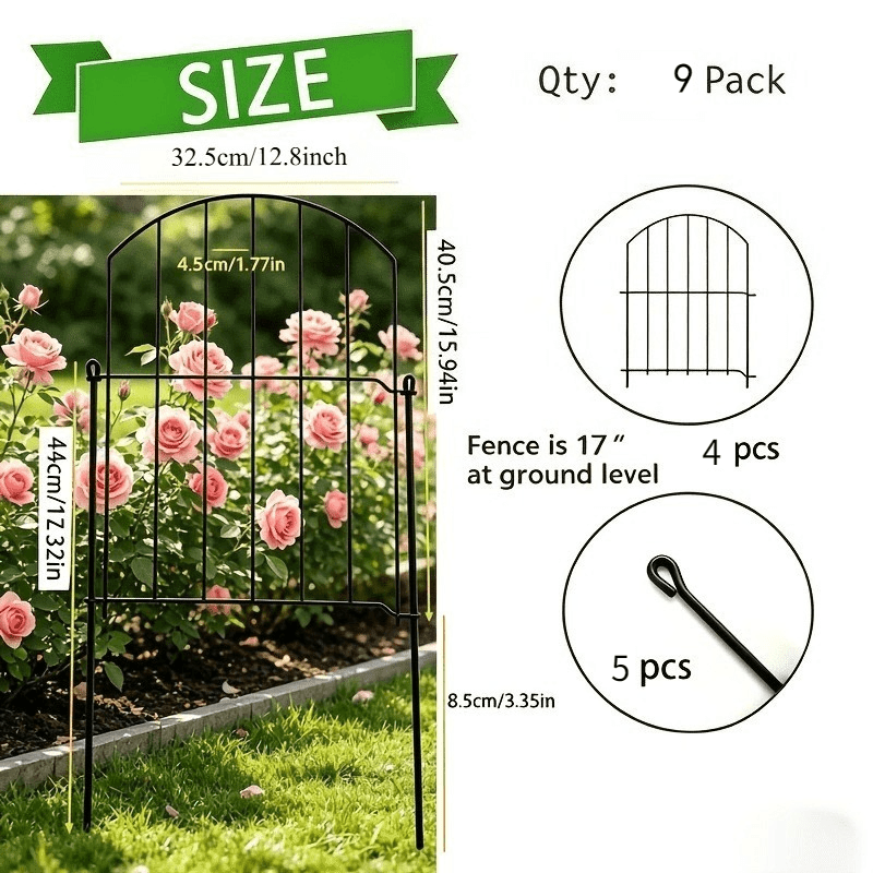 TEMU 9 Pack Decorative Garden Fence, 16.5in X 12.8in Rustproof Metal Arched Flower Bed Border, No Dig Animal Barrier Fencing With Stakes For Outdoor