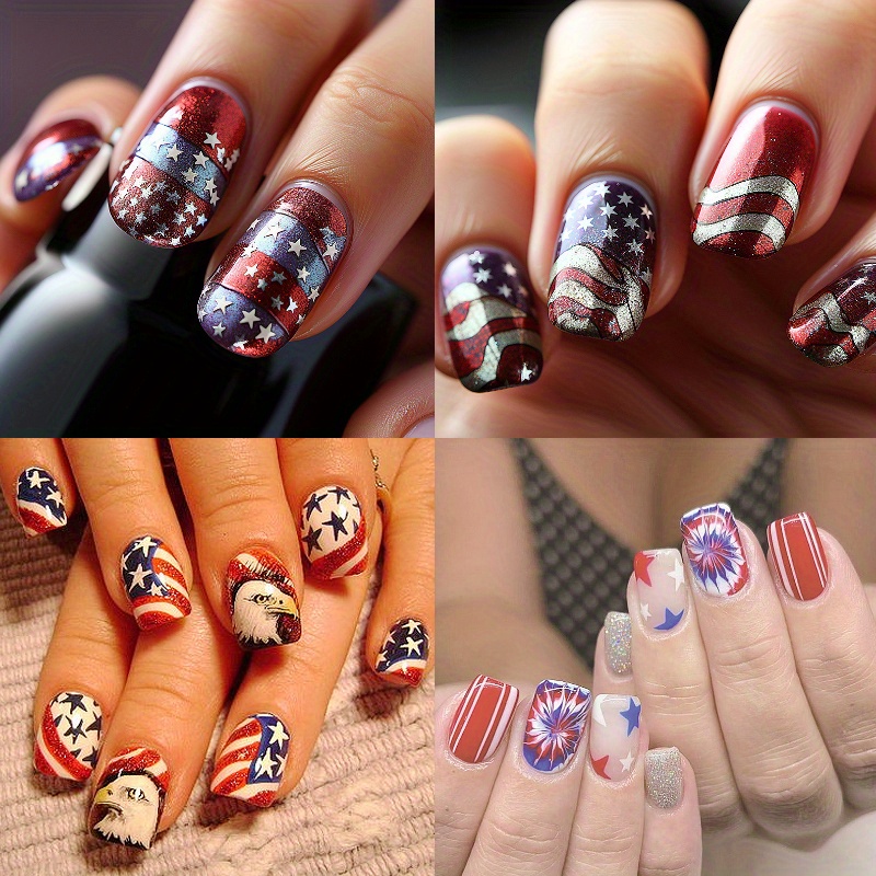 TEMU 96pcs (4pcs) Patriotic American Flag Press-on Nails Set - Short Square, Glittery, Full Coverage Artificial Nail Kit With Nail File & Adhesive