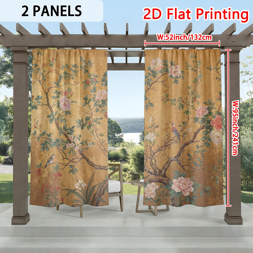 TEMU [2d Flat Printing] 2pcs Floral Painting Of Birds And Blossoms On Aged Outdoor Curtains Designed For Patios, Providing Uv Protection And Fade