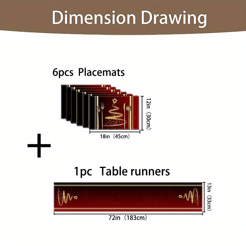 TEMU 5/7pcs, Luxurious Red Table Runner And Placemat Set - Golden Geometric Christmas Tree Placemats, 12x18/13x72/inches, Kitchen Table Decor, Home