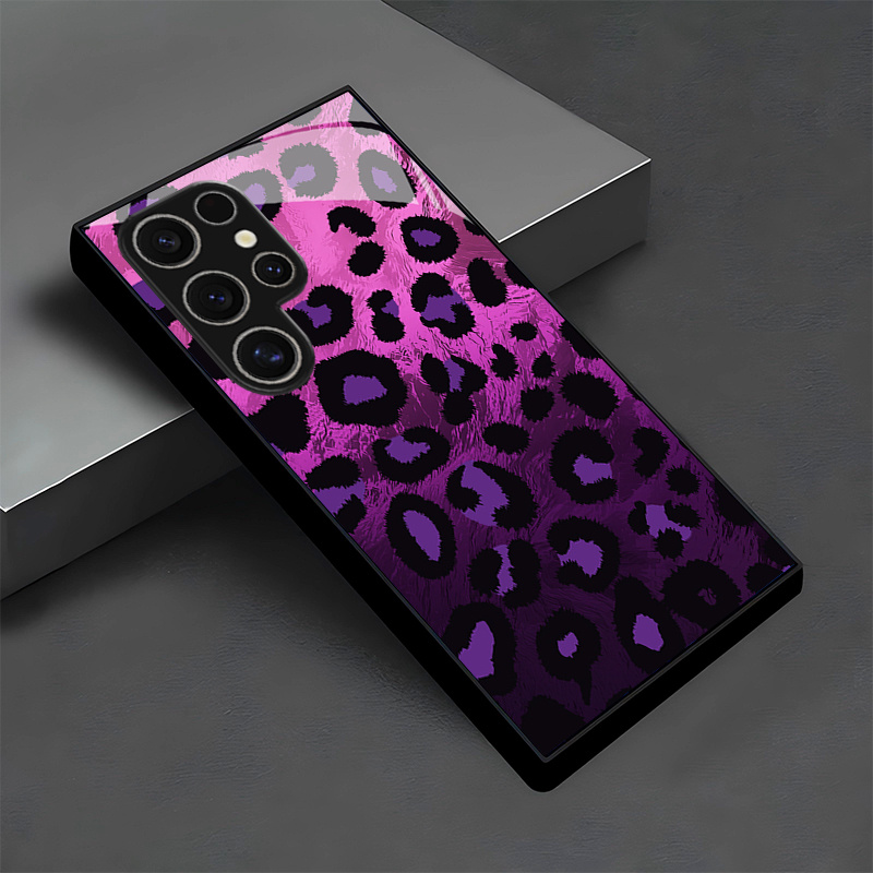 Ovitek za telefon: Ustvarjalni in edinstveni rožnato-vijolični leopardji vzorec stekleni ovitek za for Samsung Galaxy S26/S25/S25 Plus/S25