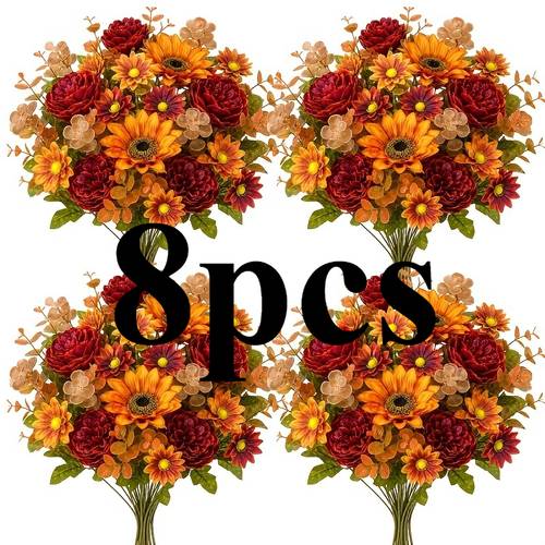item picture 8pcs autumn warm mixed artificial bouquet sunflower sunflowers burgundy roses peony red orange small daisies small flowers combination thanksgiving autumn home decoration bouquet