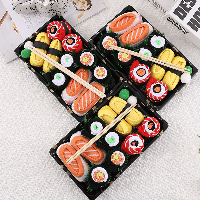 

Funny Sushi-themed Novelty Crew Socks For Women - 5 Pairs, Cotton , Machine Washable, Christmas Gifts & Fashion