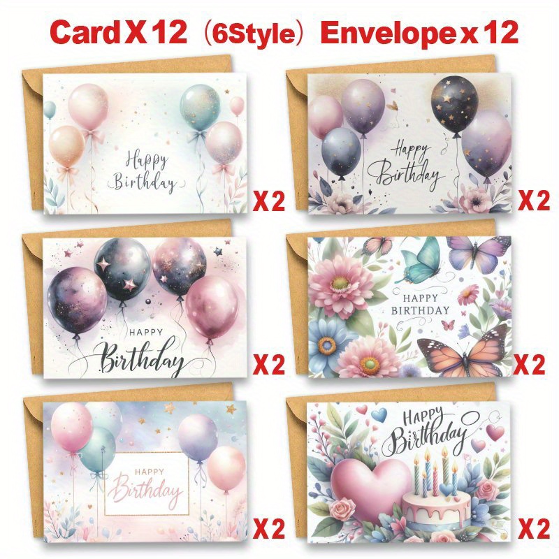 Image of 24-pack Of Watercolor Birthday Cards Featuring Flowers, Butterflies, And Balloons, Complete With Envelopes. Perfect For , Humorous Cards Are Great For , Suitable For Men And Women