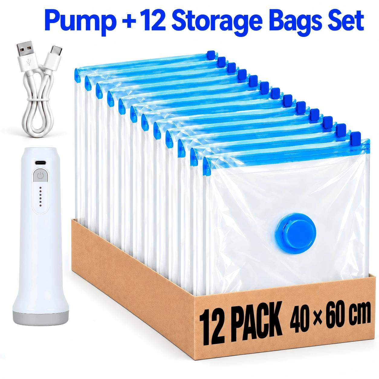 Image of Hotu 4/8/12-pack Vacuum Storage Bags With 1500mah Rechargeable Cordless Pump, 2 Sizes: 40 X 60, 60 X 80, Space Saver Compression Bags For Clothes, Bedding, Travel And Home Storage
