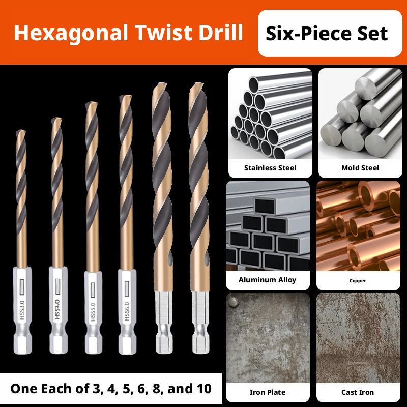 TEMU Hexagonal Shank Titanium-coated Twist Drill Bit, Straight Shank Steel, Fully Ground Steel, Special Drill Bit For Aluminum, Iron, And Metal