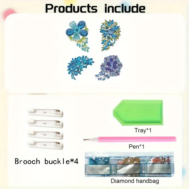 Blue Floral Theme Crystal Diamond Painting Brooch Set
