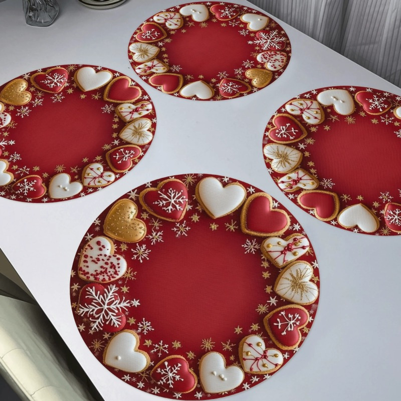 

4-pack Valentine's Day Heart Pattern Placemats - 15" Round Polyester Table Mats, Hand Washable, Woven Elegant Dining Decor For Home & Restaurant