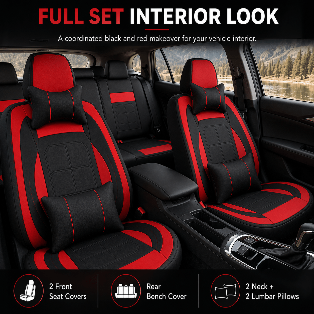 Image of Black Red Pu Leather 5-seat Full Car Seat Covers, Front Rear Seat Covers For Vehicle Interior Upgrade, Universal Fit For Sedan Cars, For Weekend & Prime Day