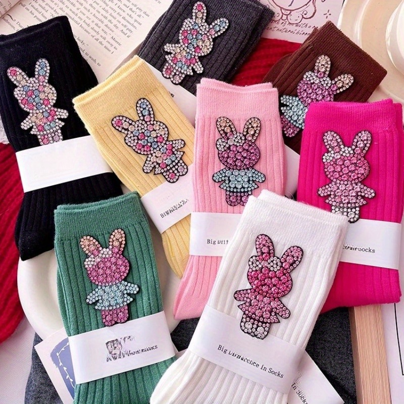 

1 Pair Spring And Autumn Personalized Cute Water Diamond Rabbit Casual Breathable Stacking Socks Mid Socks For Girl And Women