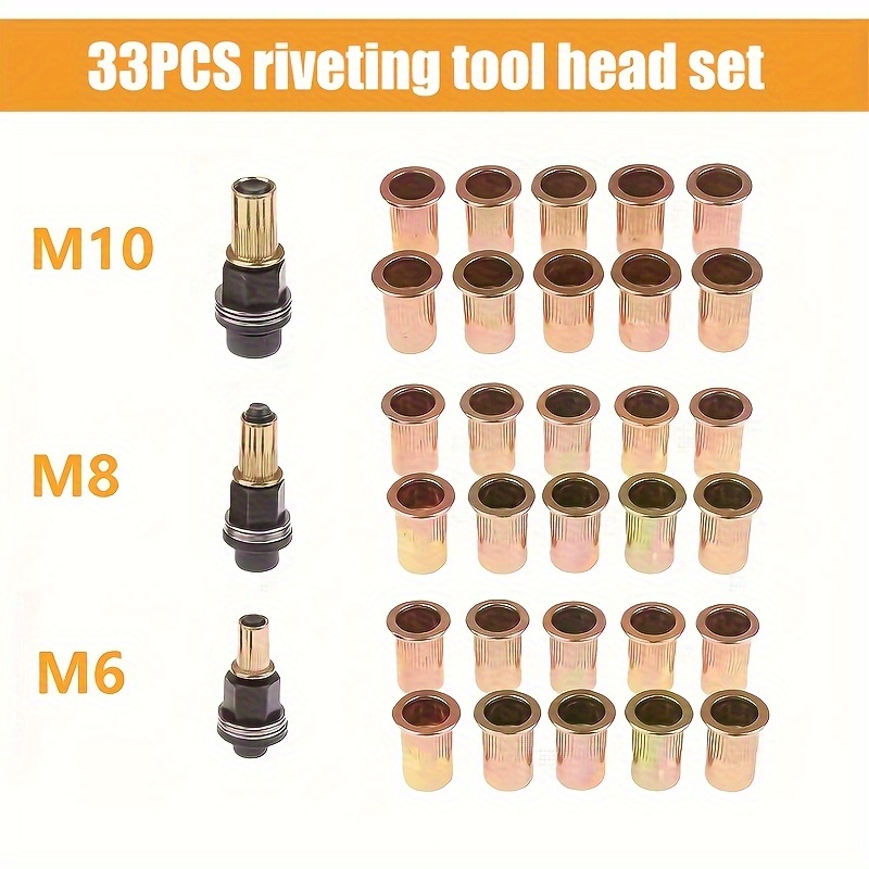 TEMU Set combinato 3-in-1 da 33 pezzi in acciaio al carbonio, utensili , 30 di diverse dimensioni e 3 testine per rivettatrice di diverse dimensioni,